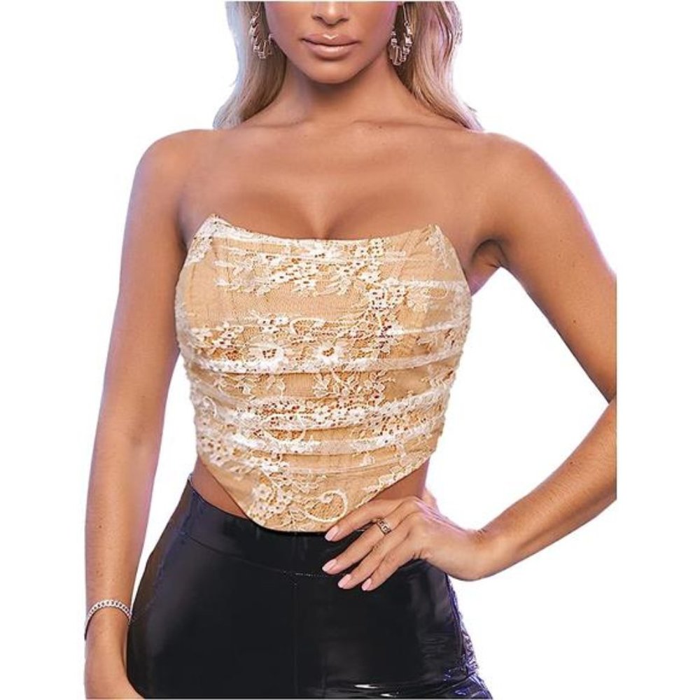 Tan White Sexy Strapless Floral Lace Bustier Corset Crop Top Backless Boned Y2K - Picture 2 of 6
